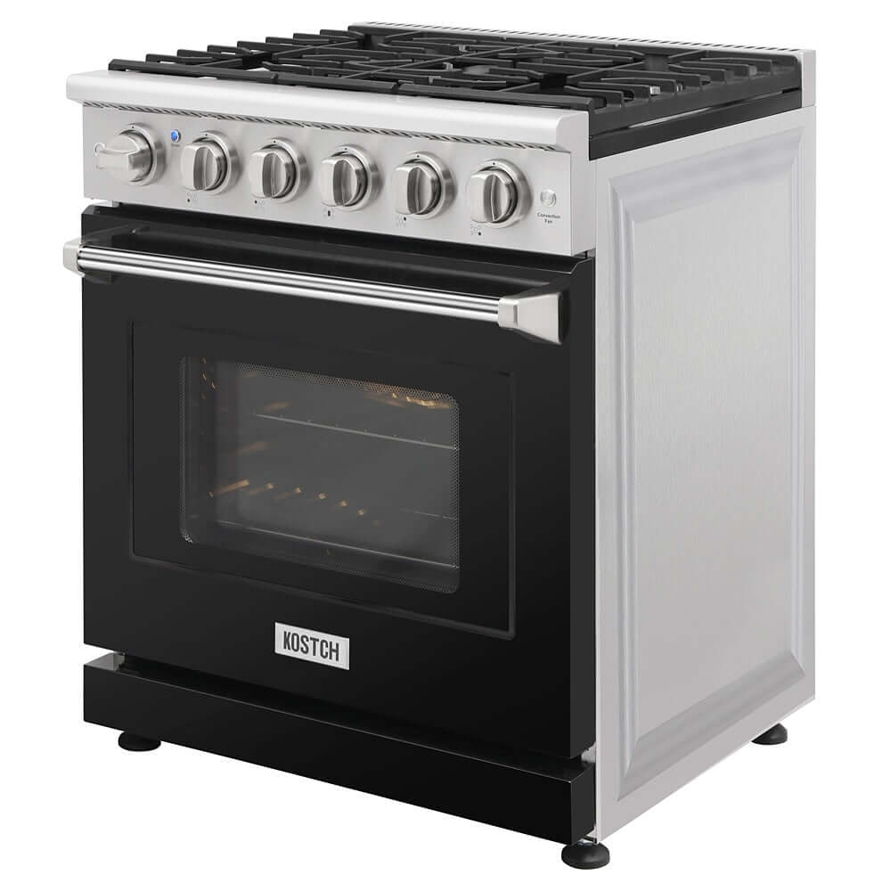 KOSTCH 30 in. Liquid Propane Gas Range with 5 Burners and 4.55 cu. ft. Convection Oven in Stainless Steel with Black Oven Door (KOS-30RG03MLP-B)