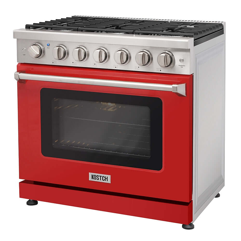 KOSTCH 36 in. Liquid Propane Gas Range with 6 Burners and 6.0 cu. ft. Convection Oven in Stainless Steel with Red Oven Door (KOS-36RG03MLP-R)