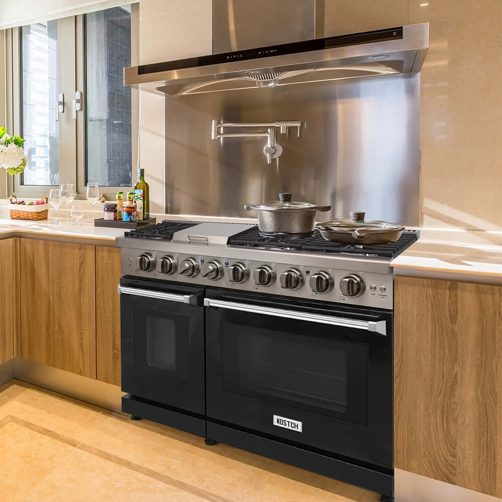 KOSTCH 48 in. 6 Burner Gas Range with 6.8 cu. ft. Double Oven and Griddle in Stainless Steel with Black Oven Doors (KOS-48RG03M-B)