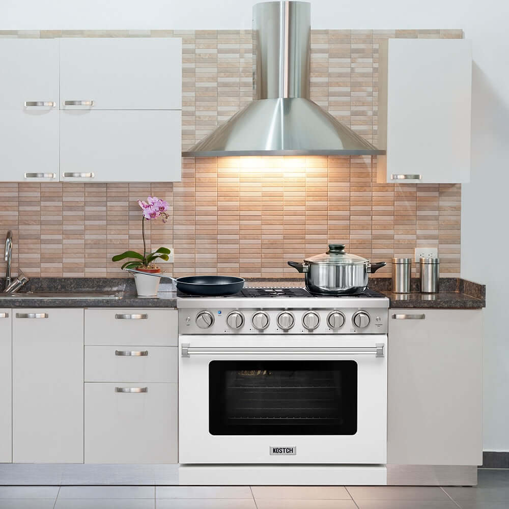 KOSTCH 36 in. Liquid Propane Gas Range with 6 Burners and 6.0 cu. ft. Convection Oven in Stainless Steel with White Oven Door (KOS-36RG03MLP-W)