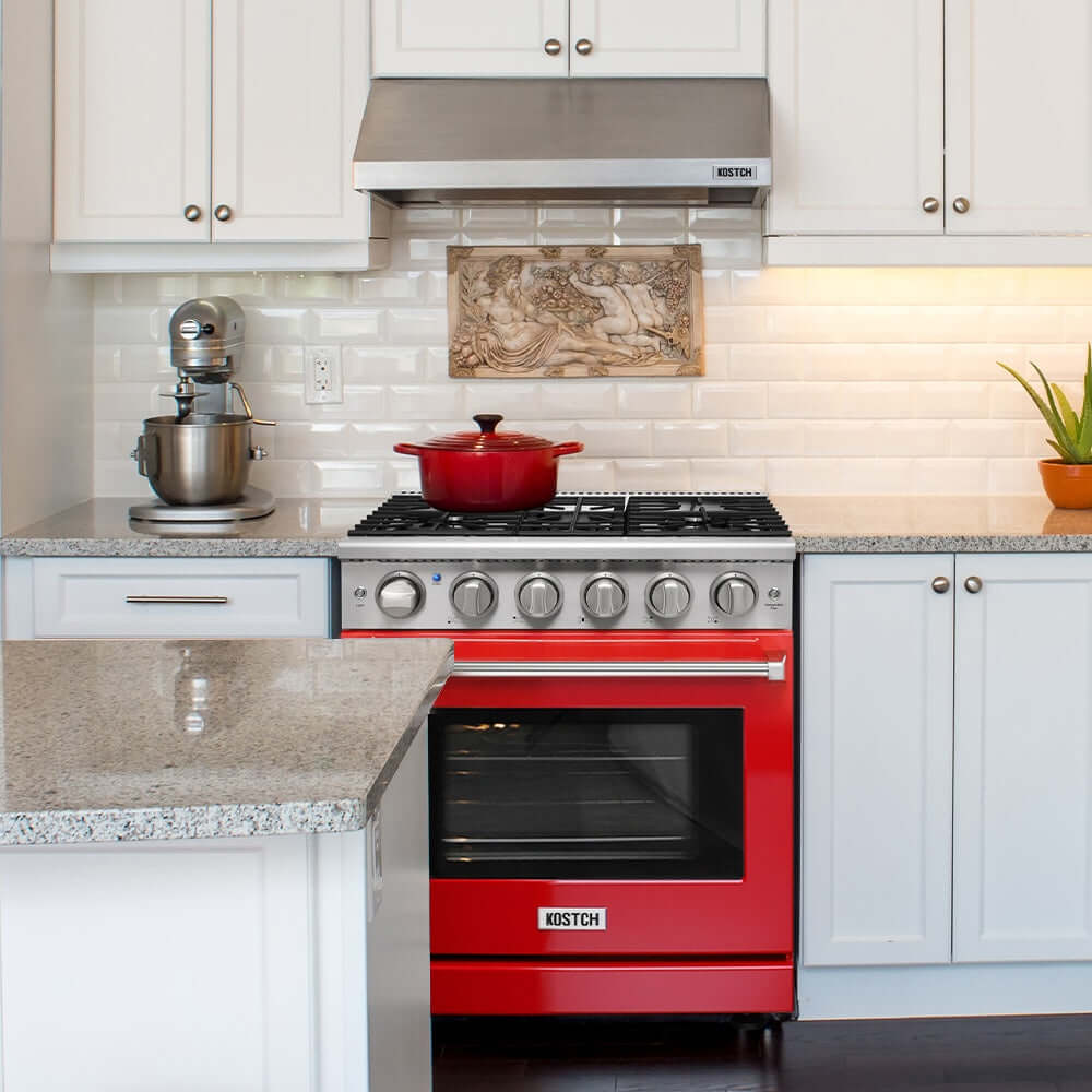 KOSTCH 30 in. Liquid Propane Gas Range with 5 Burners and 4.55 cu. ft. Convection Oven in Stainless Steel with Red Oven Door (KOS-30RG03MLP-R)