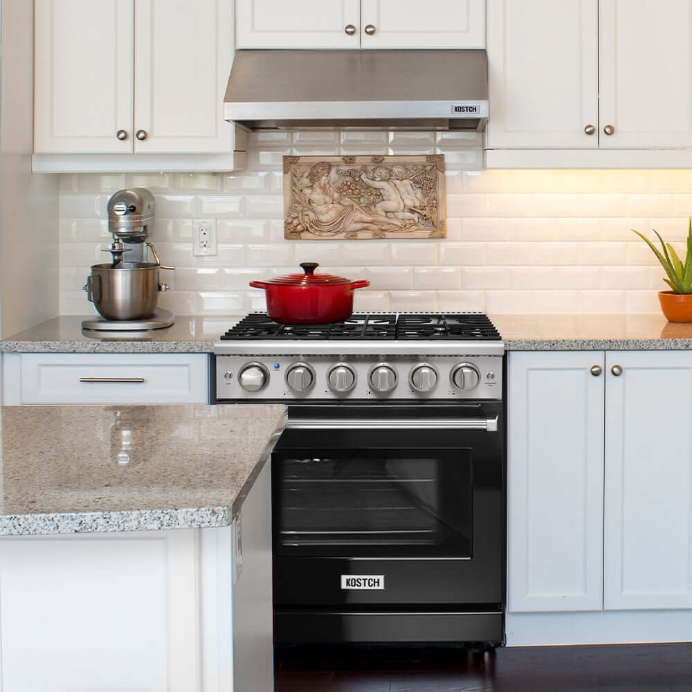 KOSTCH 30 in. Liquid Propane Gas Range with 5 Burners and 4.55 cu. ft. Convection Oven in Stainless Steel with Black Oven Door (KOS-30RG03MLP-B)