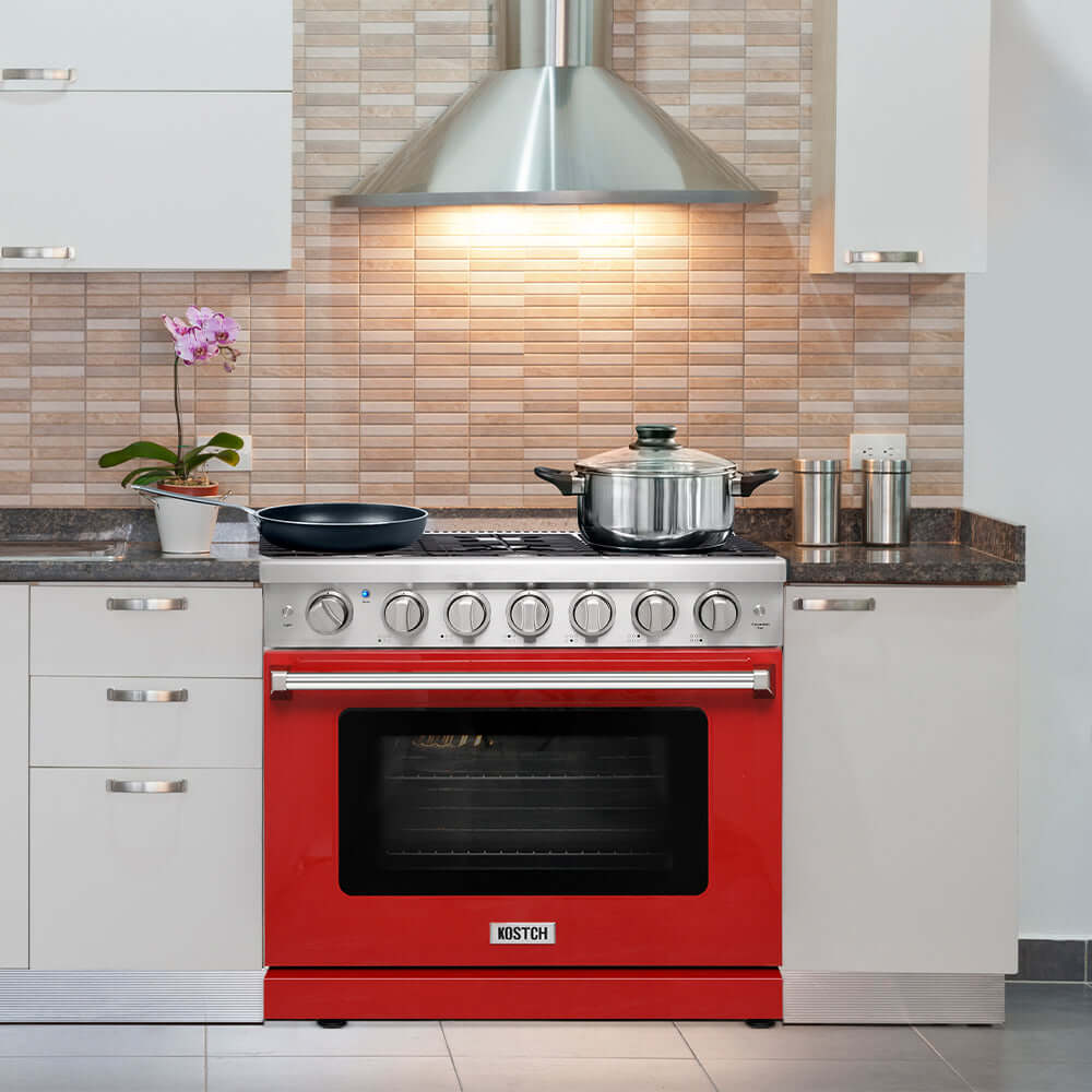 KOSTCH 36 in. 6 Burner Natural Gas Range with 6.0 cu. ft. Convection Oven in Stainless Steel with Red Oven Door (KOS-36RG03M-R)