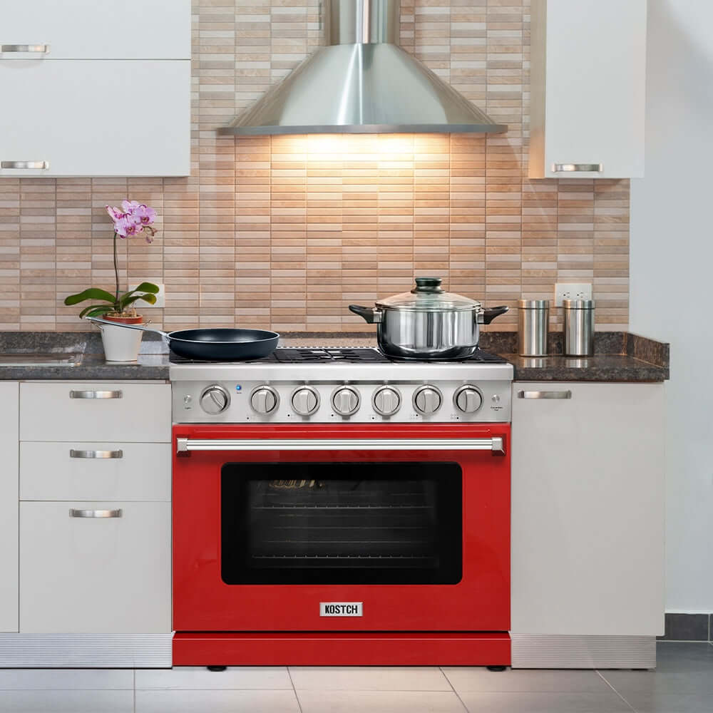 KOSTCH 36 in. Liquid Propane Gas Range with 6 Burners and 6.0 cu. ft. Convection Oven in Stainless Steel with Red Oven Door (KOS-36RG03MLP-R)