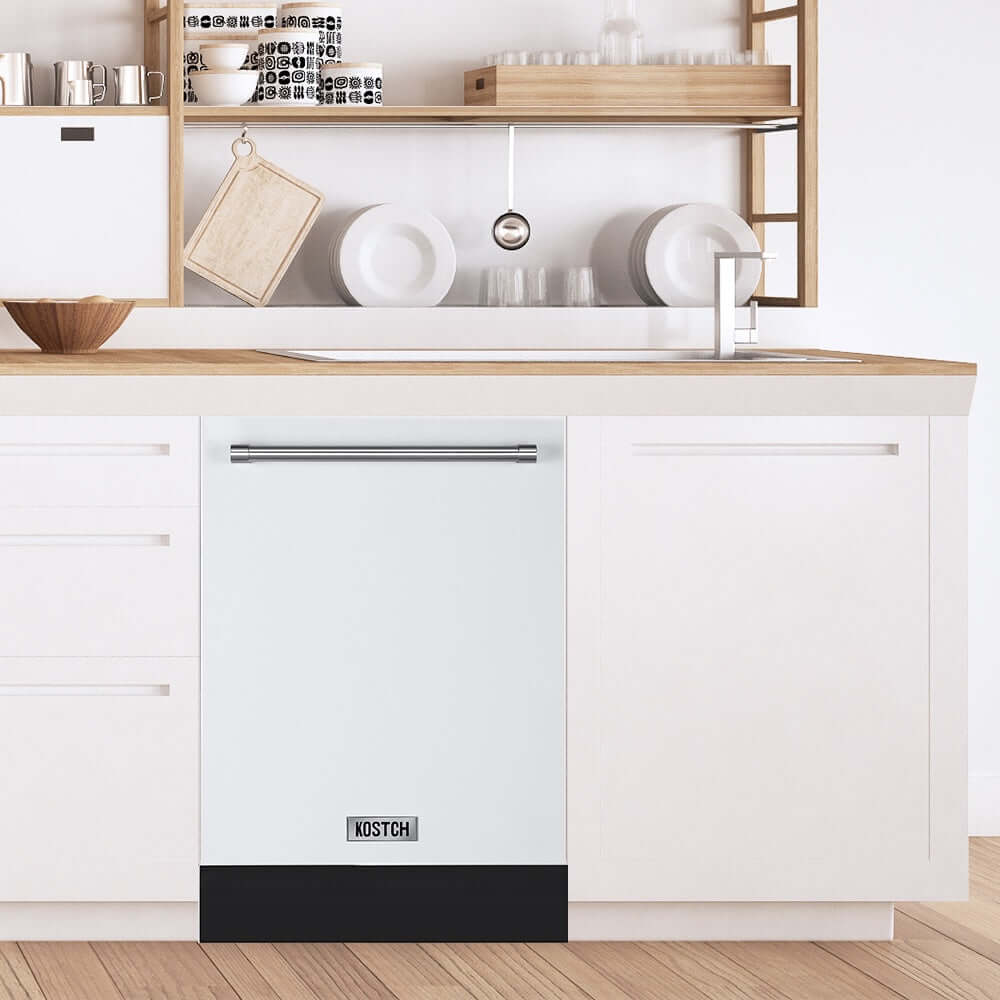 Modern kitchen with a KOSTCH 24 in. Top Control Tall Tub Built-In Dishwasher with 3rd Rack in Stainless Steel with White Door, 47dBA (KOS-24DWH06H-W)
 and wooden shelves.