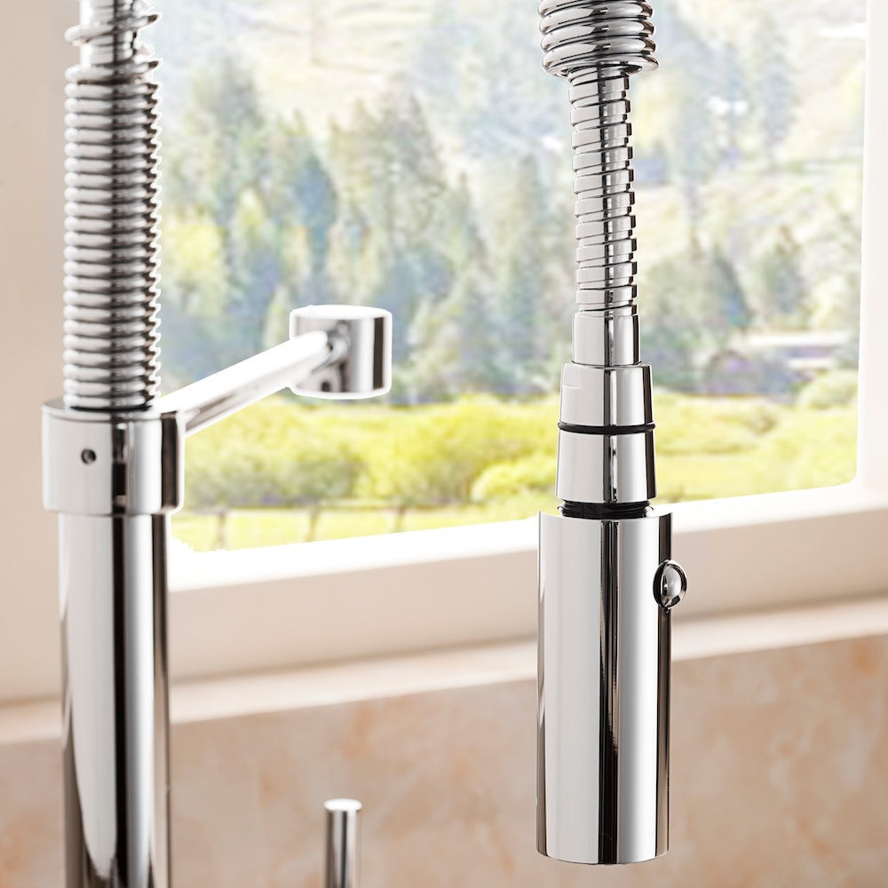ZLINE Apollo Kitchen Faucet (APL-KF) Chrome with flexible hose against a window with a view of trees