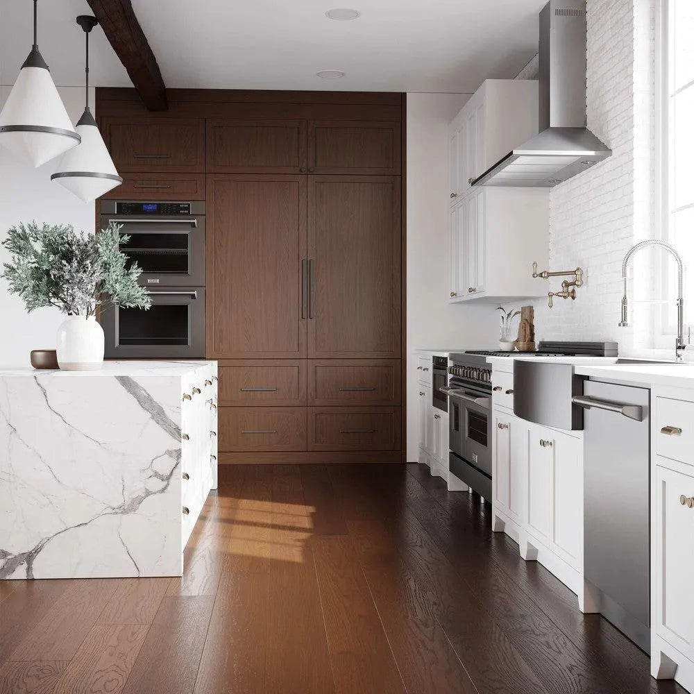 ZLINE Convertible Vent Wall Mount Range Hood in Stainless Steel (KL2) in a white and wood kitchen from side.