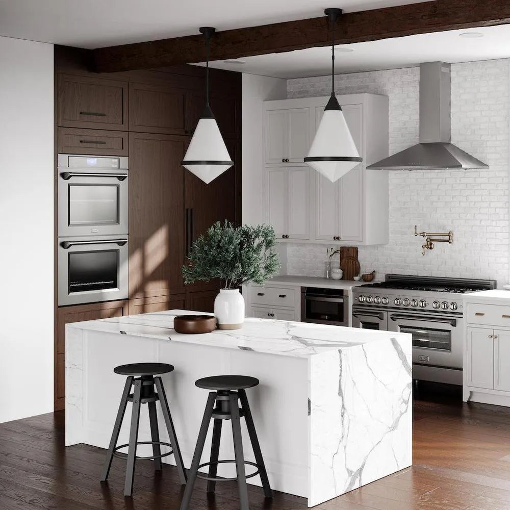 ZLINE Convertible Vent Wall Mount Range Hood in Stainless Steel (KL2) in a rustic white and wood kitchen.