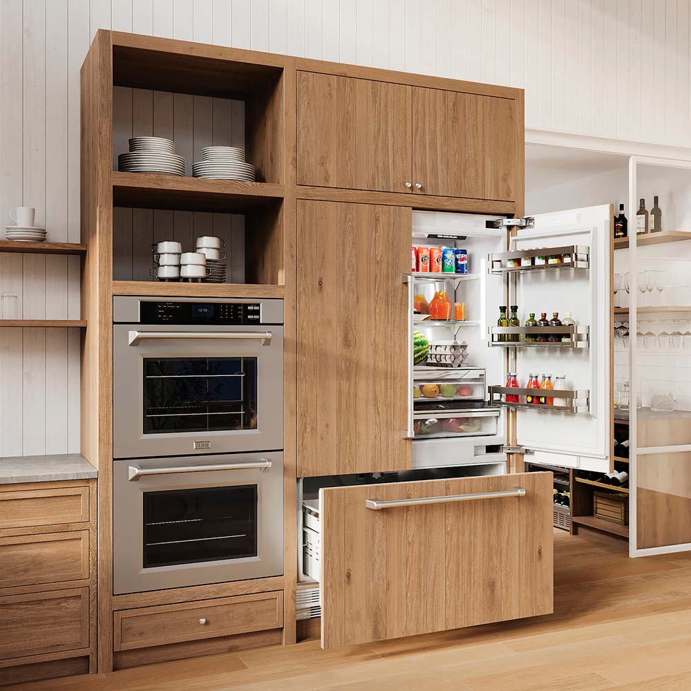 ZLINE built-in refrigerator with custom wood panels and double electric wall oven in a luxury kitchen with wood cabinetry.