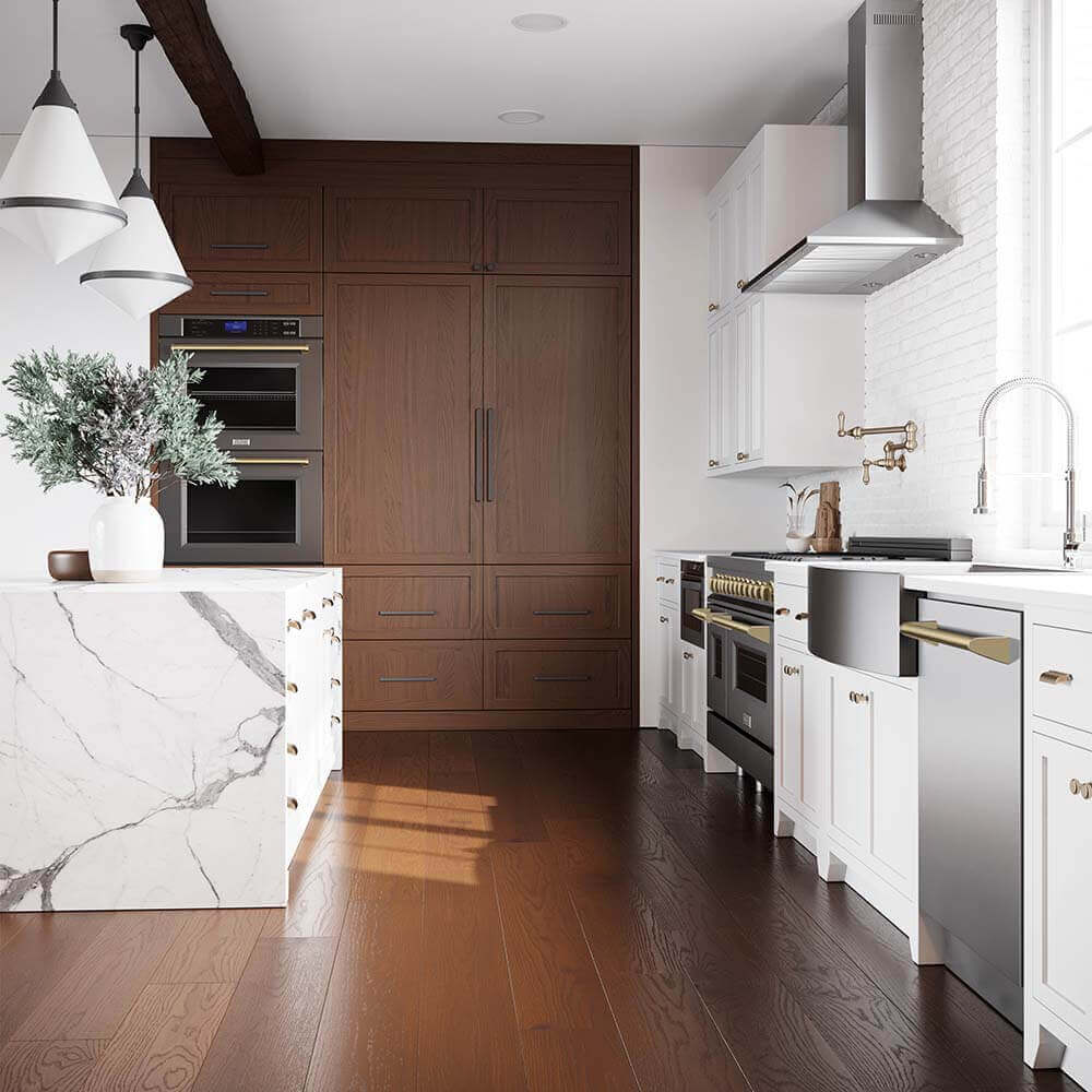 ZLINE appliances with champagne bronze accents in modern kitchen.