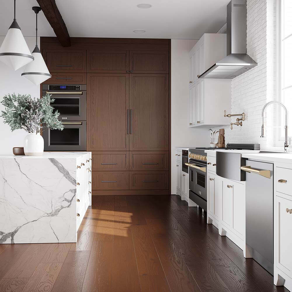 ZLINE appliances with polished gold accents in modern kitchen.