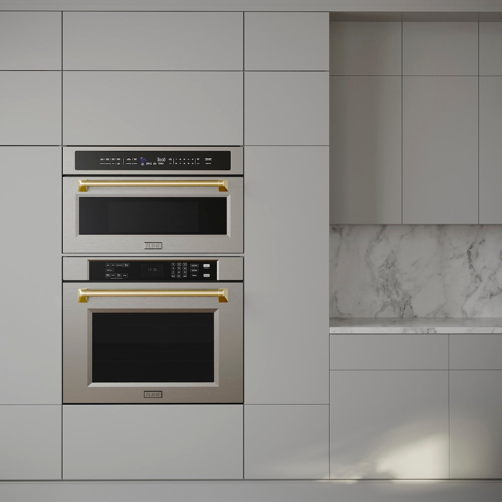 ZLINE Autograph Edition 30 in. 1.6 cu ft. Built-in Convection Microwave Oven in Stainless Steel with Polished Gold Accents (MWOZ-30-G) in a modern kitchen with matching wall oven