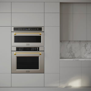 ZLINE Autograph Edition 30 in. 1.6 cu ft. Built-in Convection Microwave Oven in Stainless Steel with Polished Gold Accents (MWOZ-30-G) in a modern kitchen with matching wall oven