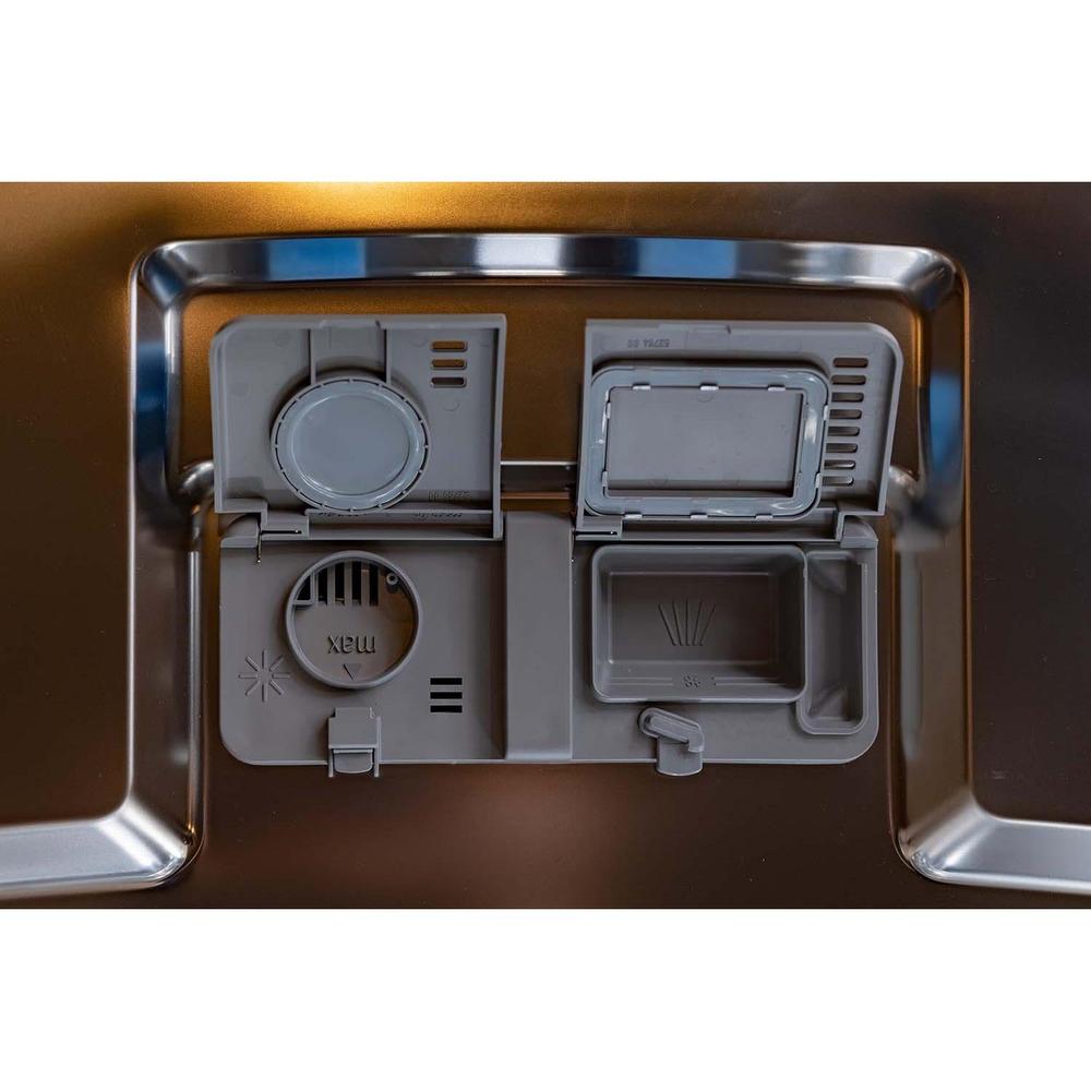 Detergent dispenser with caps open in BREDA dishwasher