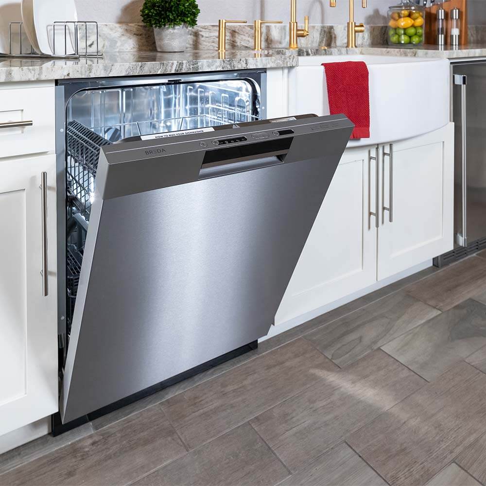 BREDA built-in dishwasher partially open in kitchen showroom.