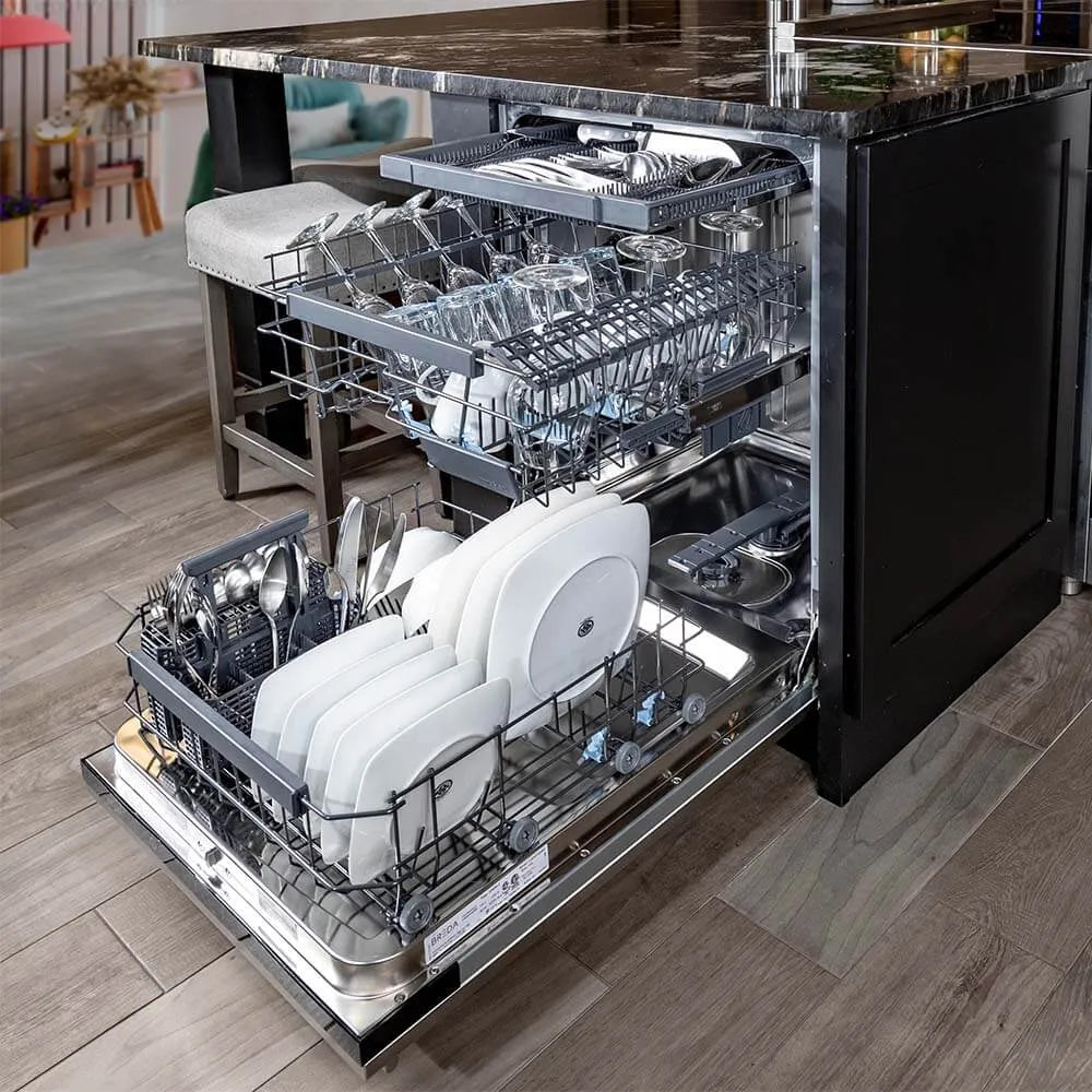 BREDA 3rd rack dishwasher loaded with dishes.