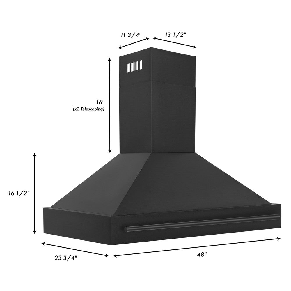 ZLINE Black Stainless Steel Range Hood with Black Stainless Steel Handle 48" size dimensions.