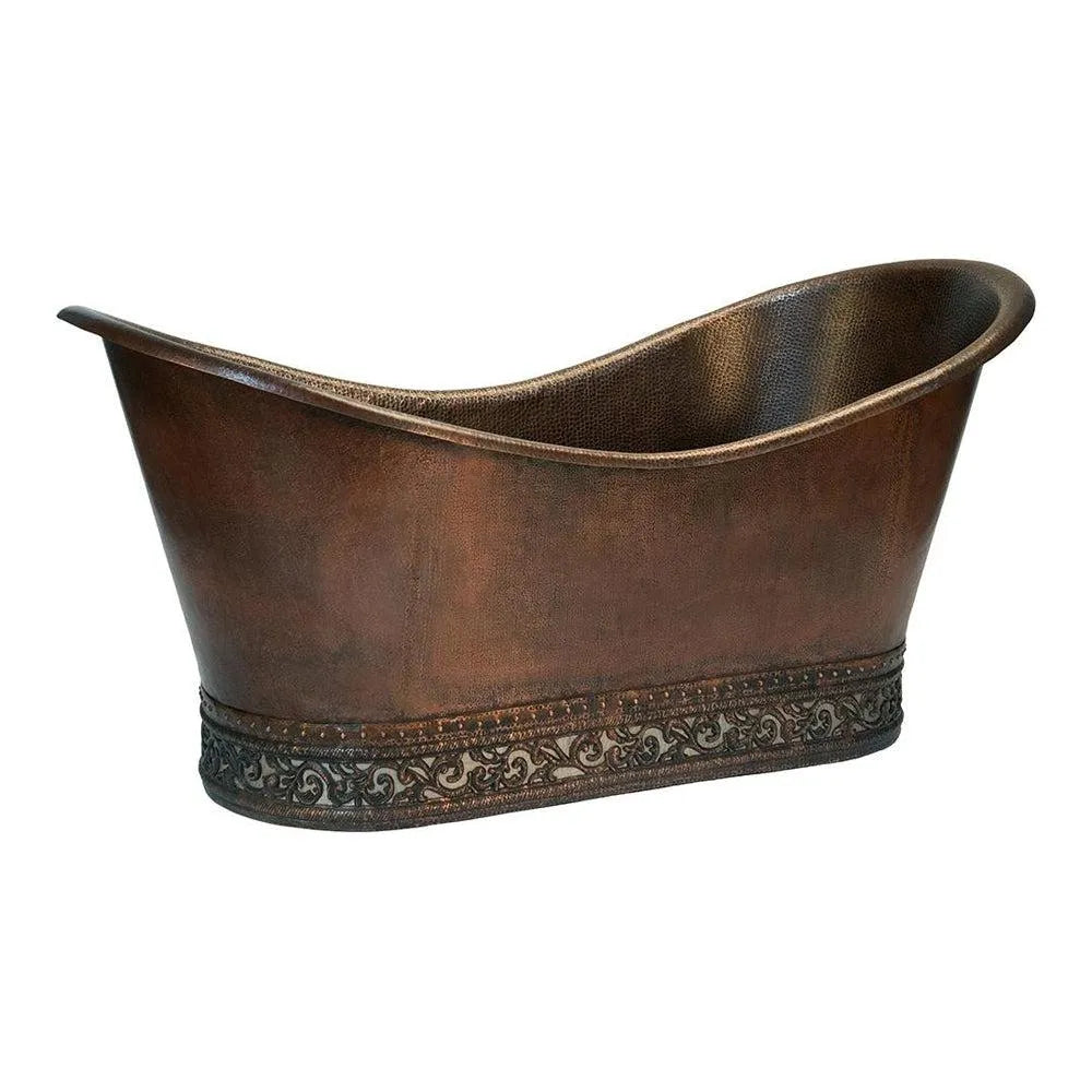 Premier Copper 67 in. Hammered Copper Double Slipper Bathtub with Scroll Base and Nickel Inlay (BTN67DB) main image.