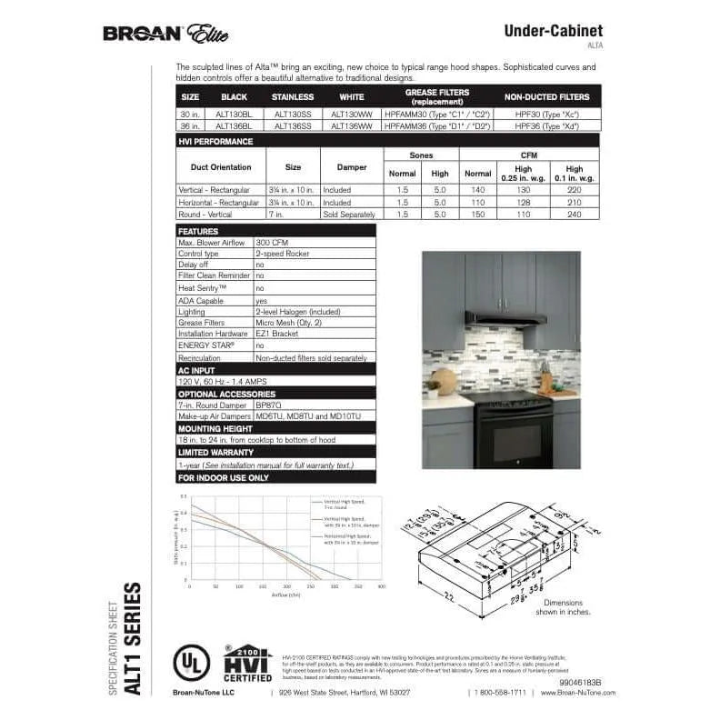 Broan-NuTone Broan Elite Alta I Series 30 In. Convertible Under-Cabinet Range Hood In White (ALT130WW)