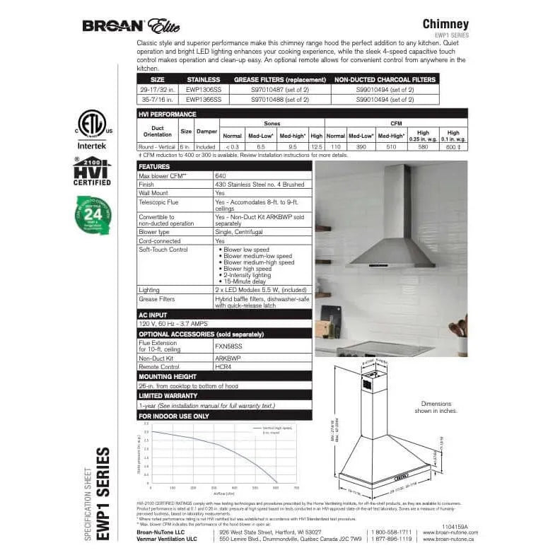 Broan-NuTone Elite EWP1 Series Chimney Range Hood With Size Options (EWP1)