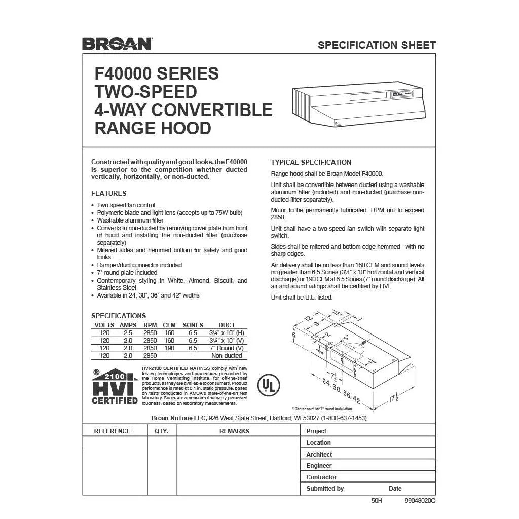 Broan F40000 Series 30 in. Ducted Under Cabinet Range Hood with 160 MAX Blower CFM in Stainless Steel (F403004)
