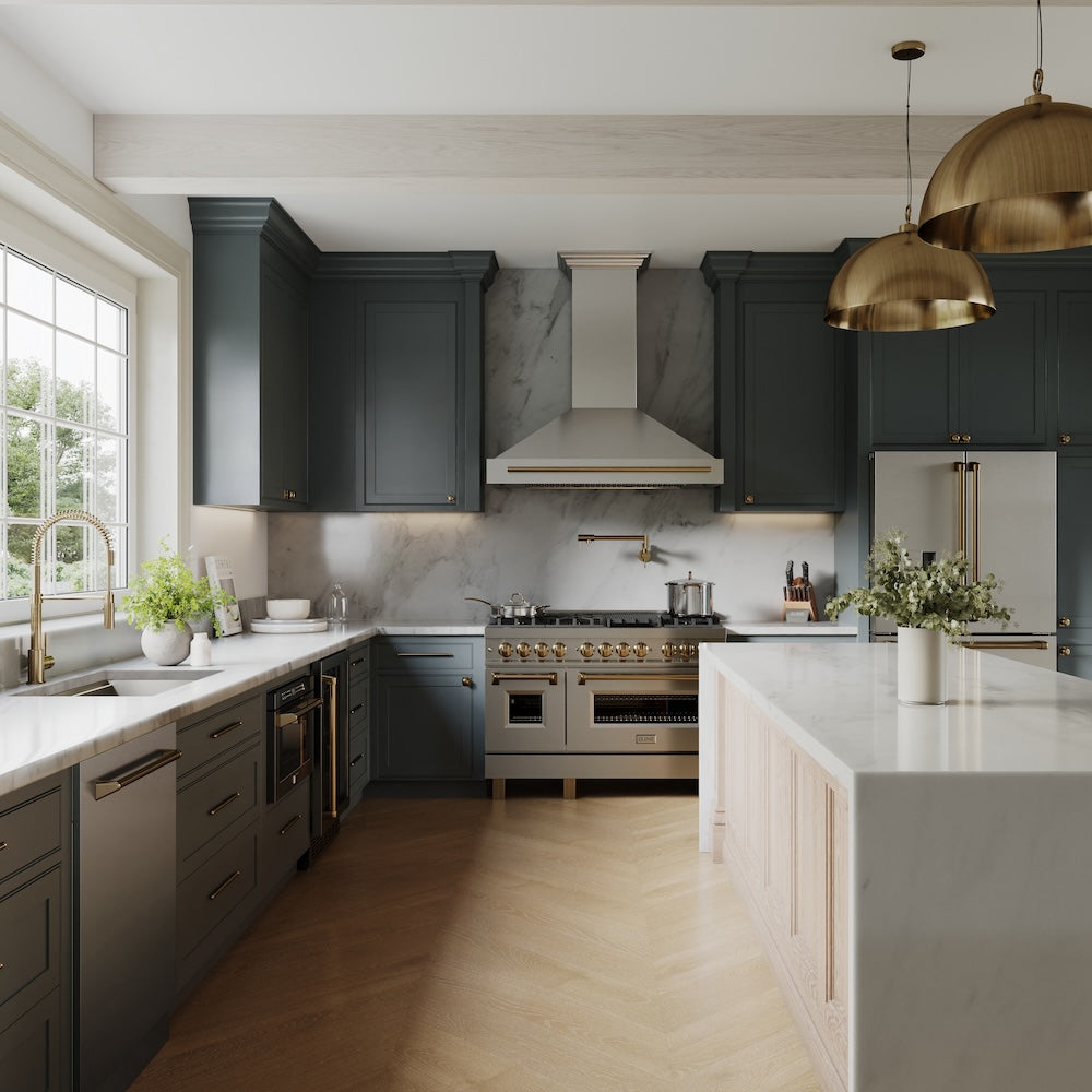 ZLINE Autograph Edition 48 in. Kitchen Package with Stainless Steel Dual Fuel Range and Range Hood with Champagne Bronze Accents (2AKP-RARH48-CB)