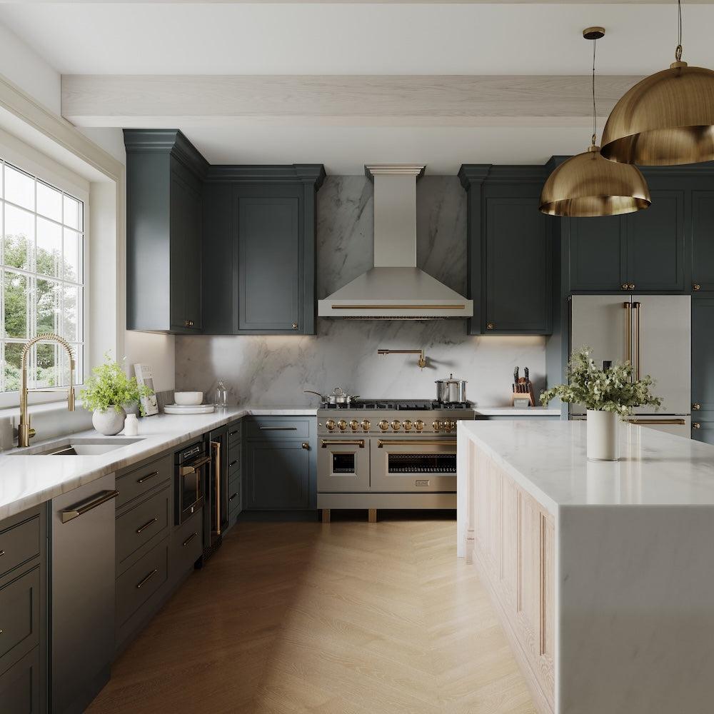 ZLINE Autograph Edition 48 in. Kitchen Package with Stainless Steel Dual Fuel Range, Range Hood, Dishwasher and Refrigeration with Champagne Bronze Accents (4KAPR-RARHDWM48-CB)