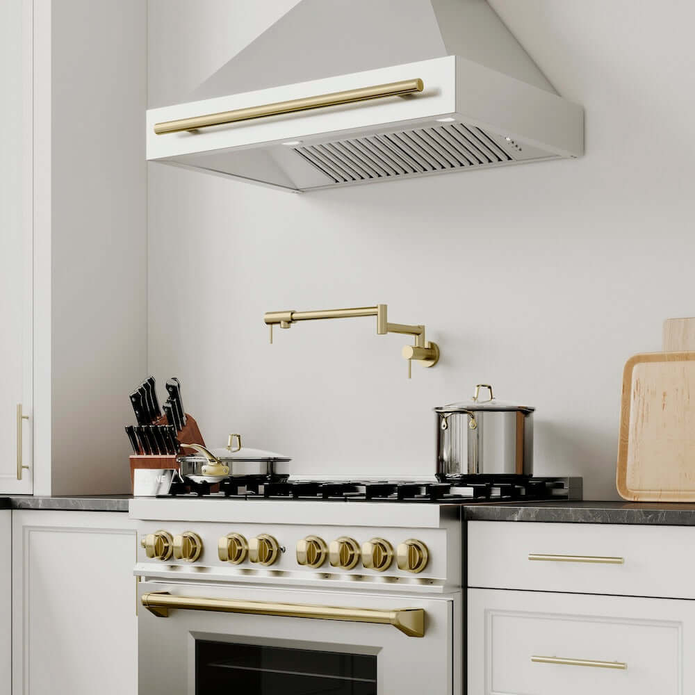 ZLINE Autograph Edition 36 in. Stainless Steel Range Hood with Stainless Steel Shell and Handle (8654STZ-36) in a luxury farmhouse-style kitchen.