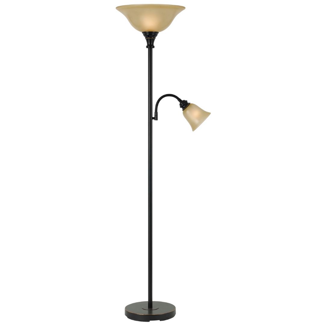 Cal Lighting Metal Torchiere Floor Lamp with Reading Lamp in Dark Bronze with Smoked Glass Shades