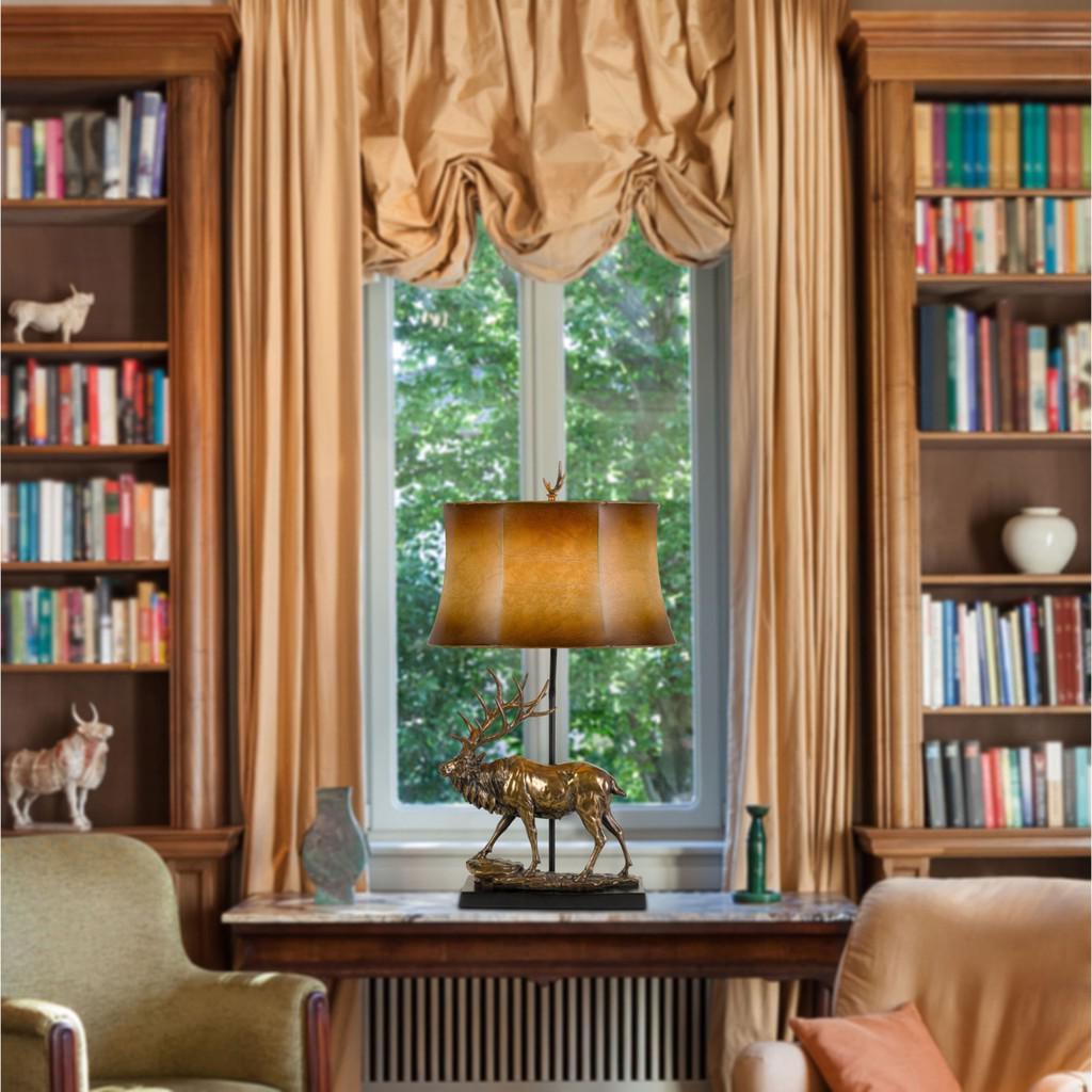 Cal Lighting 3-Way Deer Resin Table Lamp with Leatherette Shade in Antique Bronze
