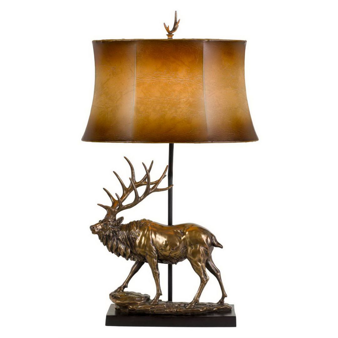 Cal Lighting 3-Way Deer Resin Table Lamp with Leatherette Shade in Antique Bronze