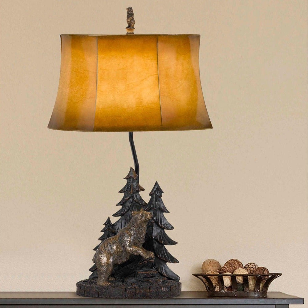 Cal Lighting 3-Way Forest and Bear Resin Table Lamp with Leatherette Shade