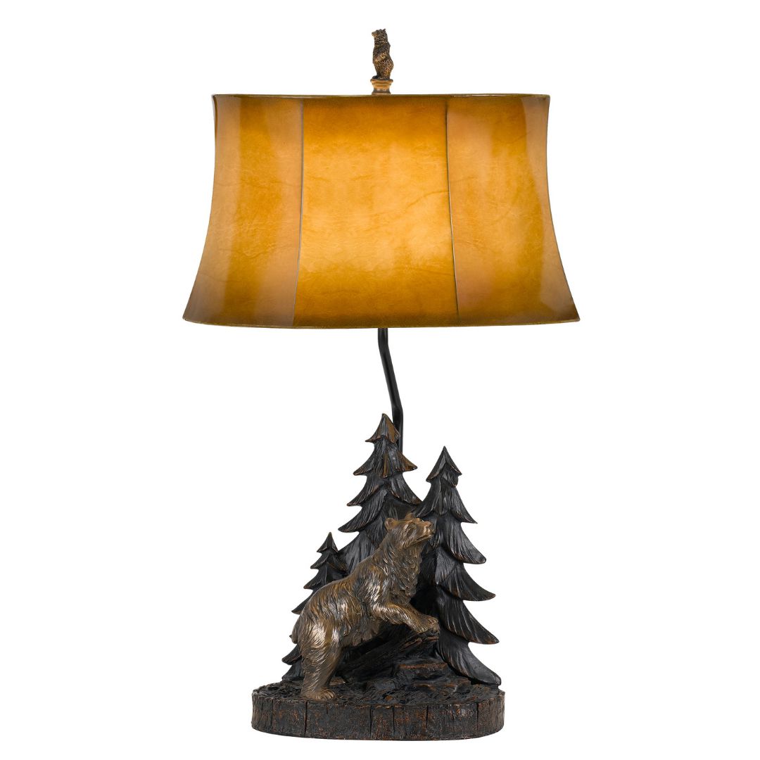 Cal Lighting 3-Way Forest and Bear Resin Table Lamp with Leatherette Shade