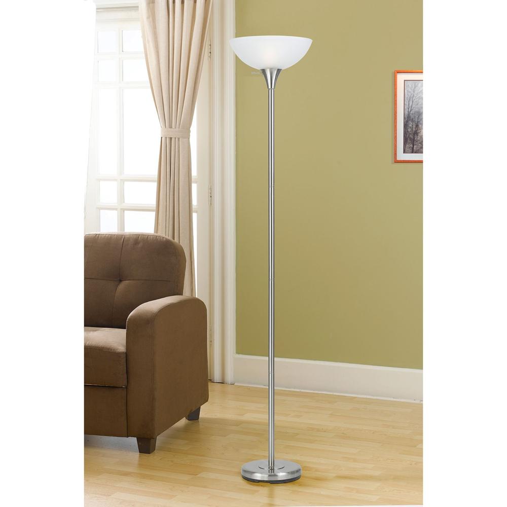 Cal Lighting 3-Way Metal Torchiere Floor Lamp in Brushed Steel with White Frosted Glass Shade