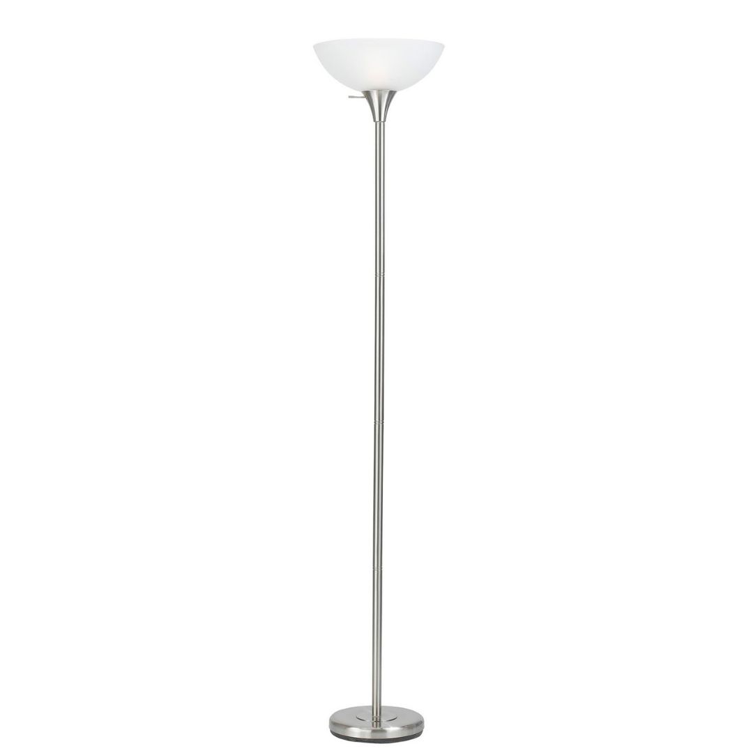Cal Lighting 3-Way Metal Torchiere Floor Lamp in Brushed Steel with White Frosted Glass Shade