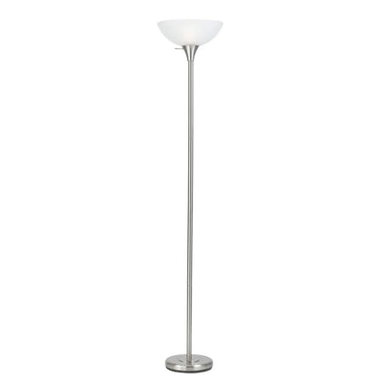 Cal Lighting 3-Way Metal Torchiere Floor Lamp in Brushed Steel with White Frosted Glass Shade