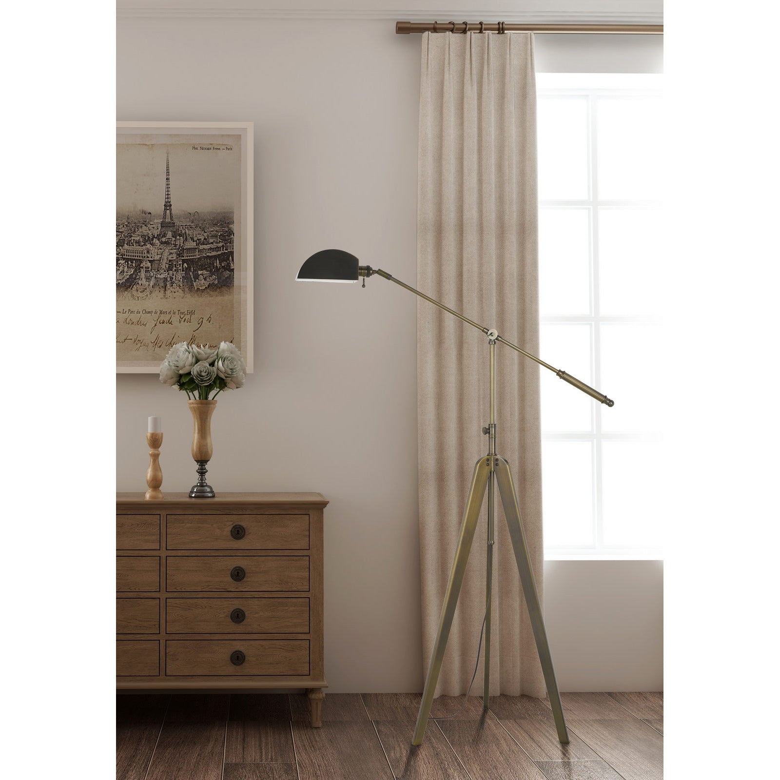 Cal Lighting 60W Cuero On Off Metal Tripod Balanced Arm Floor Lamp With Adjustable Height 