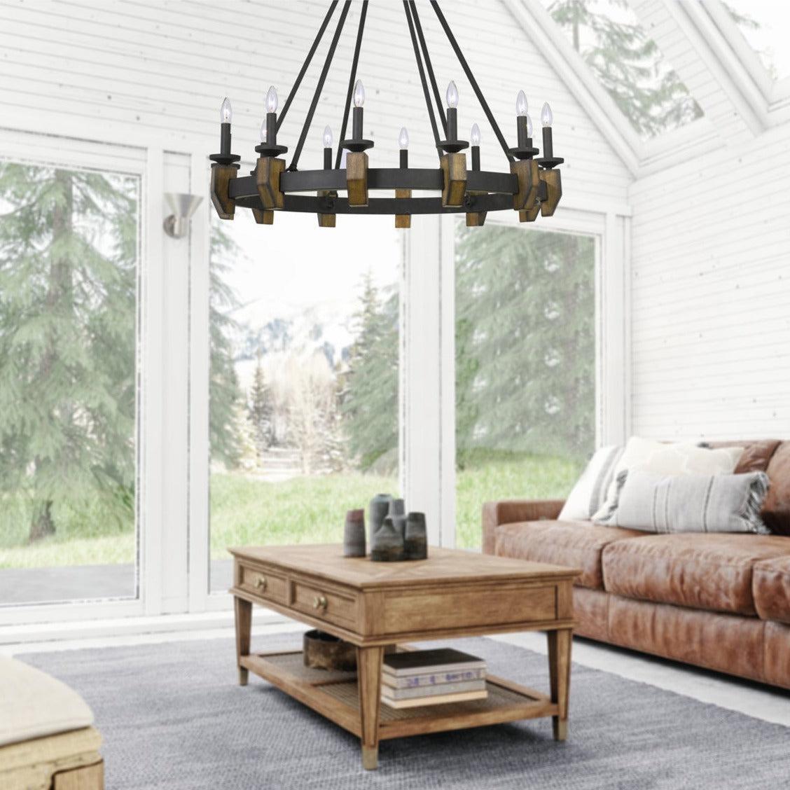 Cal Lighting Cruz 12-Light Metal and Wood Chandelier in Warm Bronze