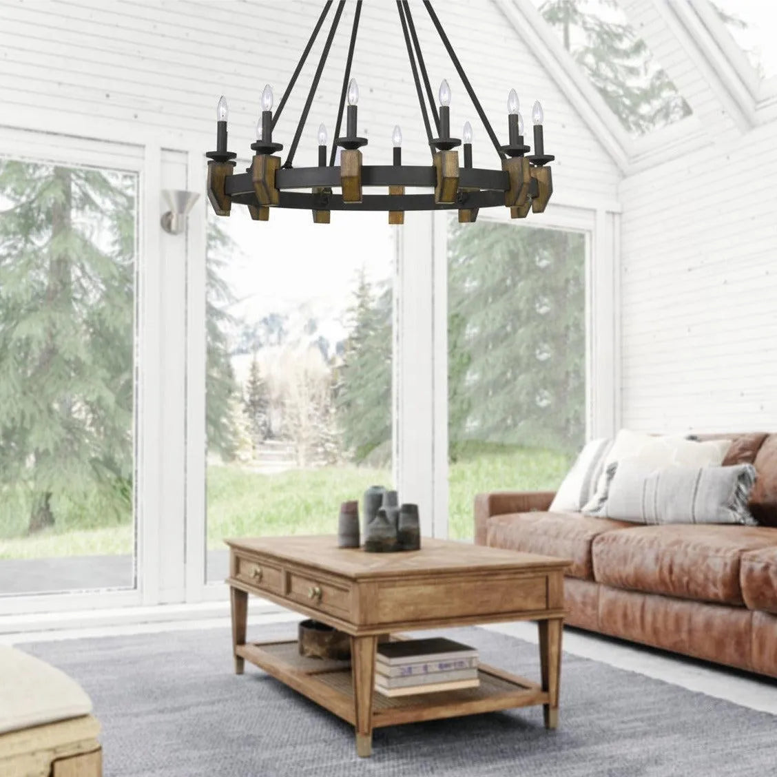 Cal Lighting Cruz 12-Light Metal and Wood Chandelier in Warm Bronze