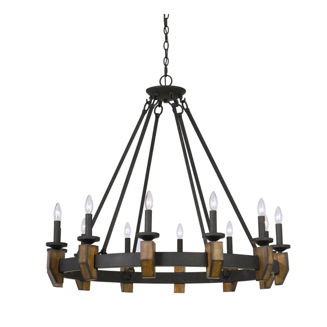 Cal Lighting Cruz 12-Light Metal and Wood Chandelier in Warm Bronze
