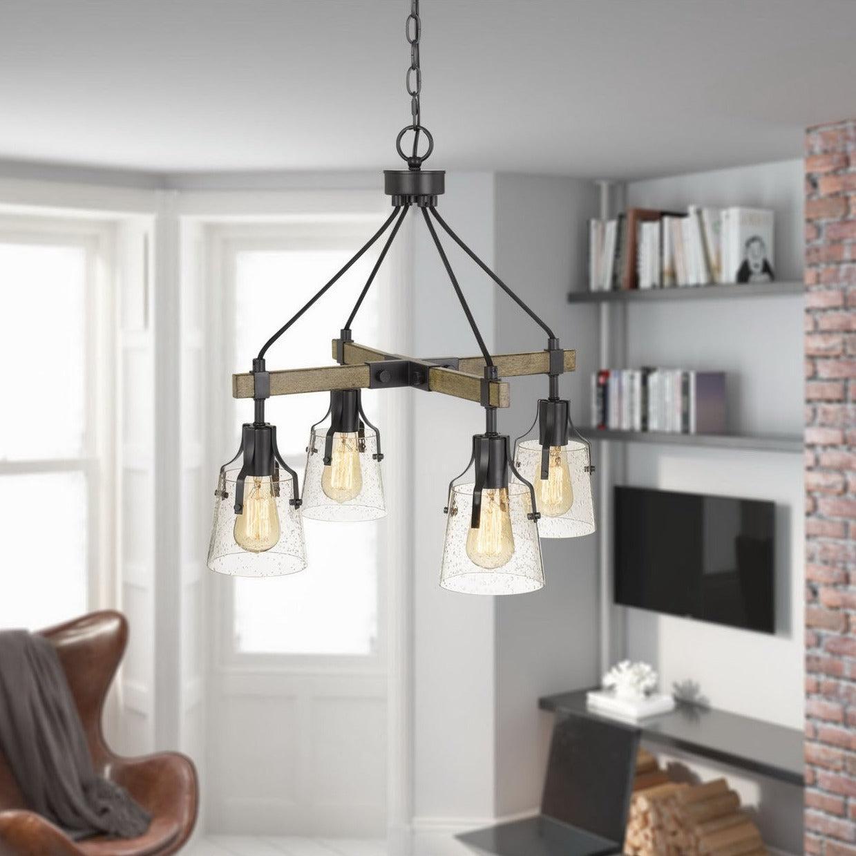 Cal Lighting Aosta 4-Light Metal Chandelier with Bubbled Glass Shades in Dark Iron and Wood