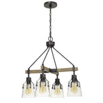 Cal Lighting Aosta 4-Light Metal Chandelier with Bubbled Glass Shades in Dark Iron and Wood