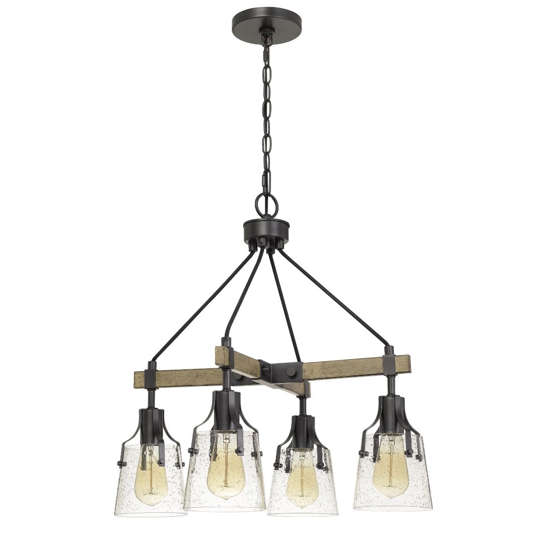 Cal Lighting Aosta 4-Light Metal Chandelier with Bubbled Glass Shades in Dark Iron and Wood
