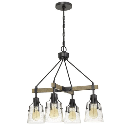 Cal Lighting Aosta 4-Light Metal Chandelier with Bubbled Glass Shades in Dark Iron and Wood