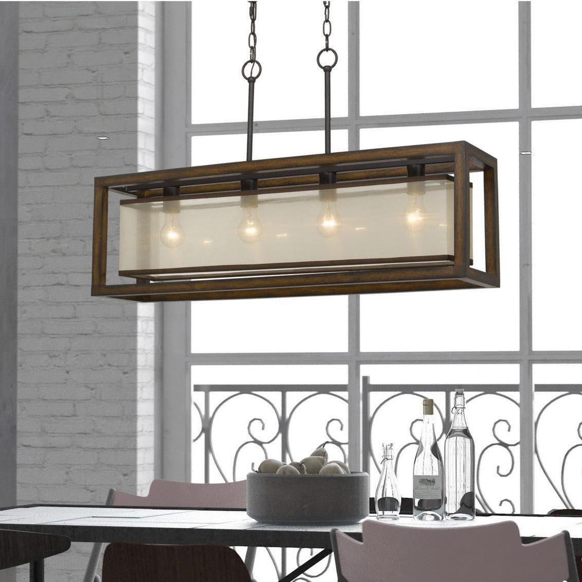 Cal Lighting 4-Light Rubber Wood Rectangular Island Chandelier with Organza Shade