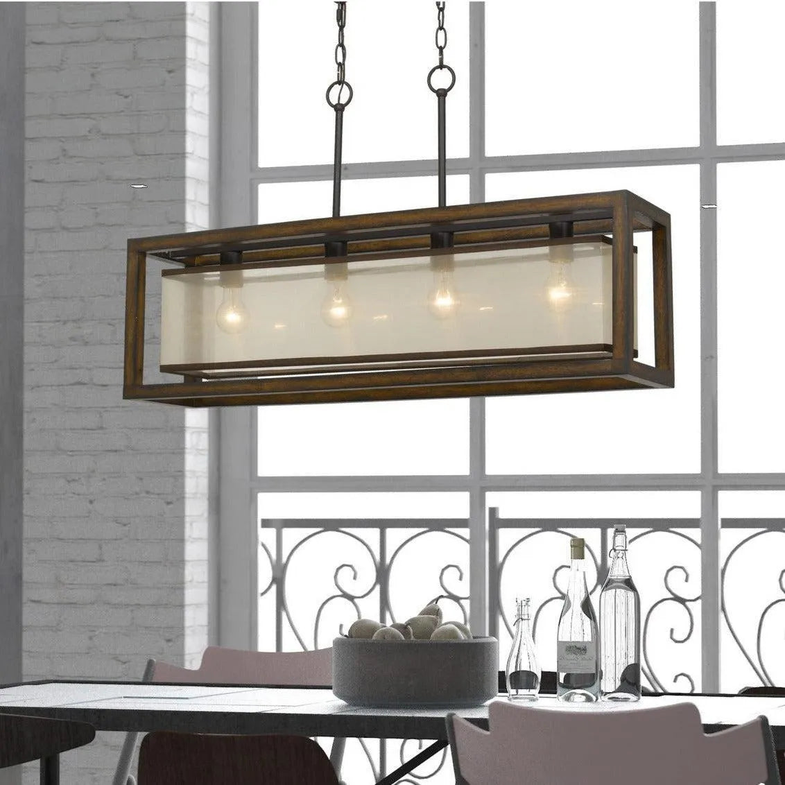 Cal Lighting 4-Light Rubber Wood Rectangular Island Chandelier with Organza Shade