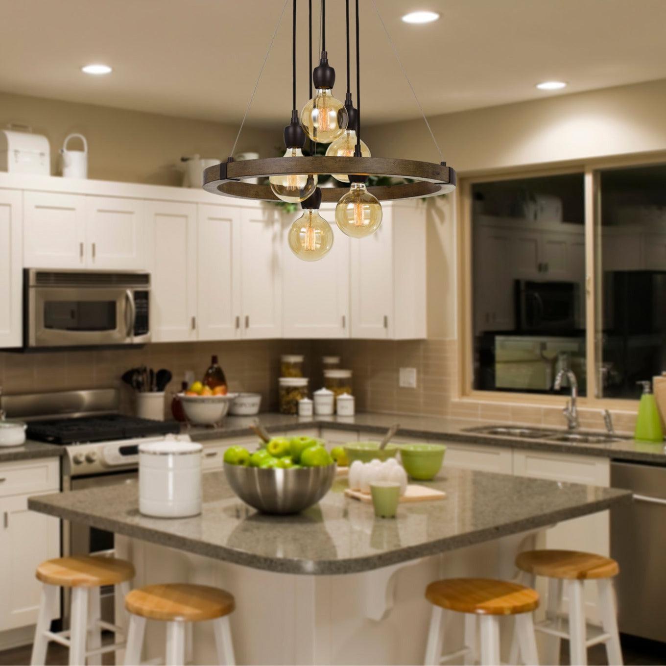 Cal Lighting Martos 5-Light Metal and Wood Chandelier with Edison Bulbs