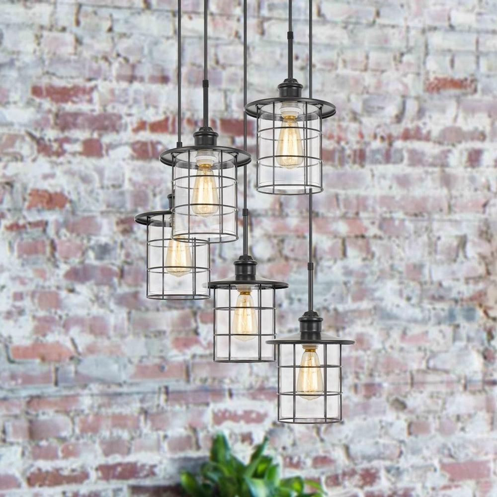 Cal Lighting Silverton 5-Light Metal and Glass Lantern Pendant Light Fixture with Edison Bulbs