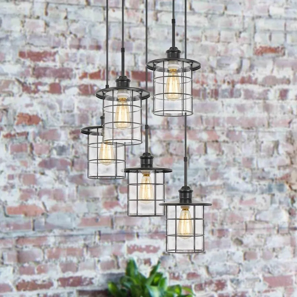 Cal Lighting Silverton 5-Light Metal and Glass Lantern Pendant Light Fixture with Edison Bulbs
