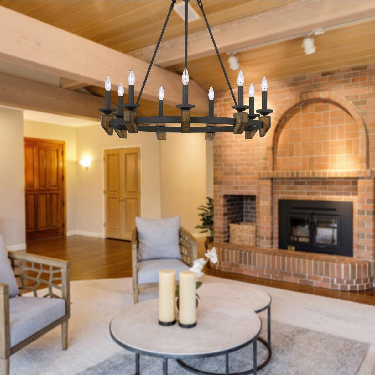 Cal Lighting Cruz 9-Light Metal and Wood Chandelier in Warm Bronze